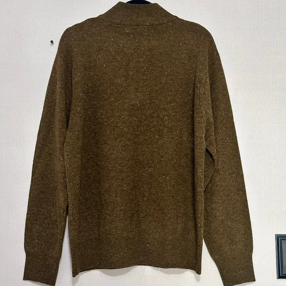 Orvis 100% Wool Olive Green Donegal Tweed Quarter Zip Sweater Suede Trim Large